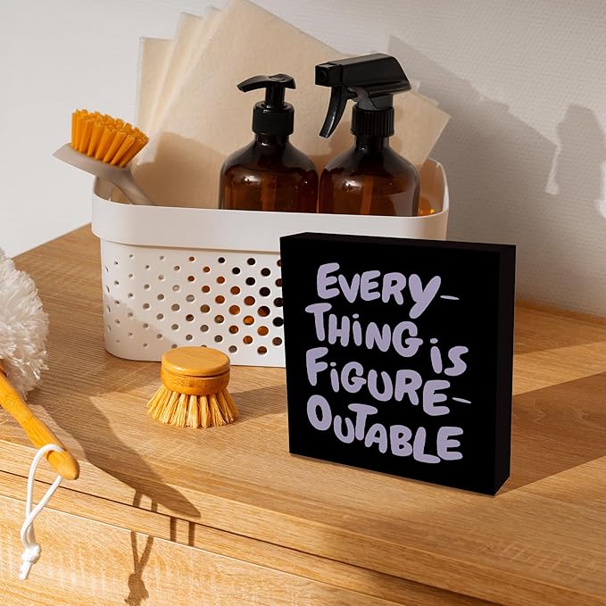 Inspirational Black Purple Office Decor, Every Thing is Figure Outable Motivational Office Accessories Wooden Box Sign, Inspirational Gifts for Women, Men Wall Desk Shelf Tabletop Decoration 5x5In