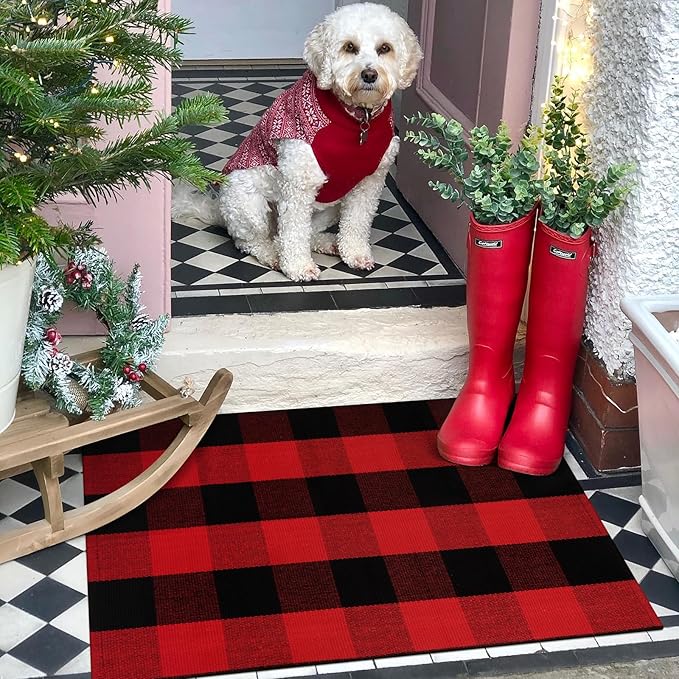 KIMODE Buffalo Plaid Outdoor Rug Red and Black 24"X35",Washable Christmas Front Door Mat,Reversible Cotton Hand-Woven Layering Rug for Front Porch Christmas Decor,Entryway,Kitchen