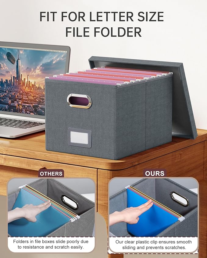 Oterri 2 Pack File Storage Organizer, Filing Box, Portable File Box with Lid, Fit for Letter/Legal File Folder Storage, Document Organizer, Dark-gray