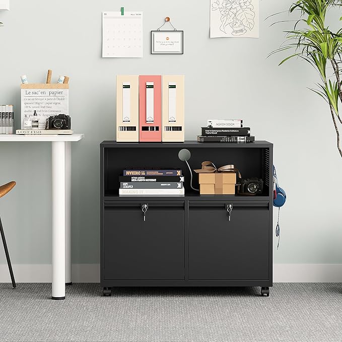 Mobile Filing Cabinet with Lock,Metal Lateral File cabinets Printer Stand with Storage Cabinets for Home Office,A4/F4/Letter (Black)