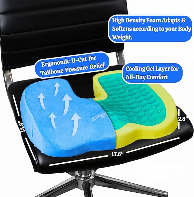 LuminaRest® Gel Enhanced Seat Cushion for Long Sitting – CertiPUR-US® Certified Memory Foam – Tailbone Pain Relief Cushion, Adaptable for Office, Car, Airplane & Wheelchair – (Blue)