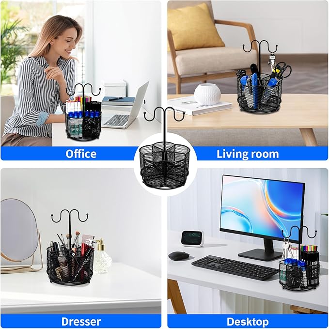360 Degree Rotate Pen Holder for Desk Mesh Desk Pen Organizer Pencil Holder Large Capacity Accessories & Workspace Organizers for School,Home (Black, With hook)