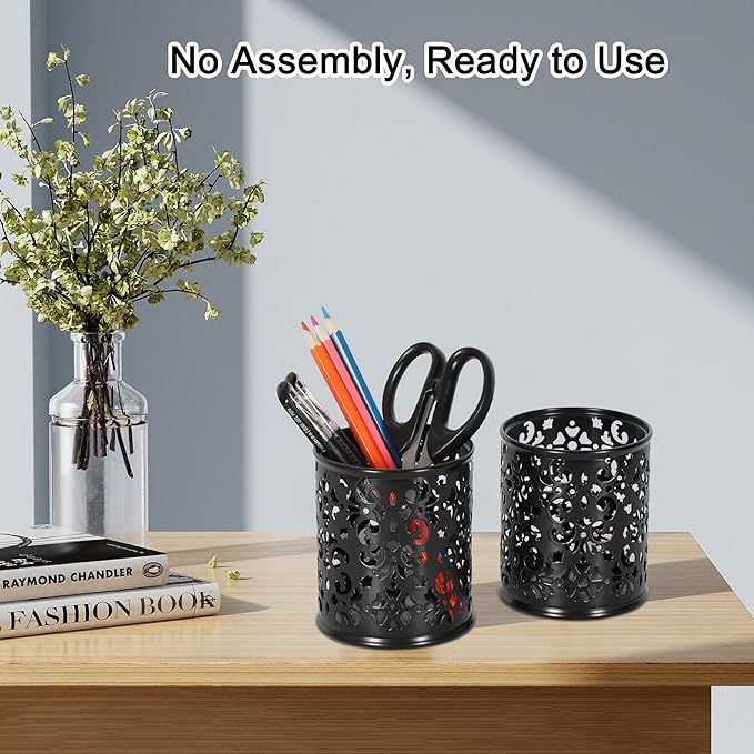 EasyPAG 2-Pack Round Carved Hollow Pen Holder with Non-Slip Base, 3.75" Vibrant Desk Organizer for Office/Home/Makeup, Black