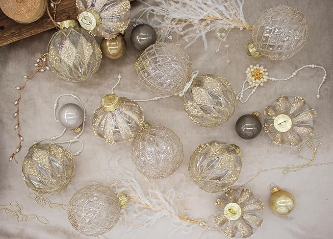 12 PCS Clear and Champagne Christmas Ball Ornaments, 80mm/3.15 Inches Rustic Farmhouse Christmas Decorations, Large Shatterproof Luxury Hand-Painted Xmas Ornaments for Christmas Tree, Wedding