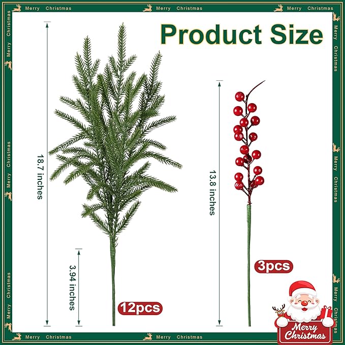 Artificial Faux Christmas Norfolk Pine Stems Branches for Vases,12 Bundles Fake Evergreen Real Touch Greenery Stem with 3 PCS Red Berry Branches for Xmas Holiday Winter Table Indoor Decor