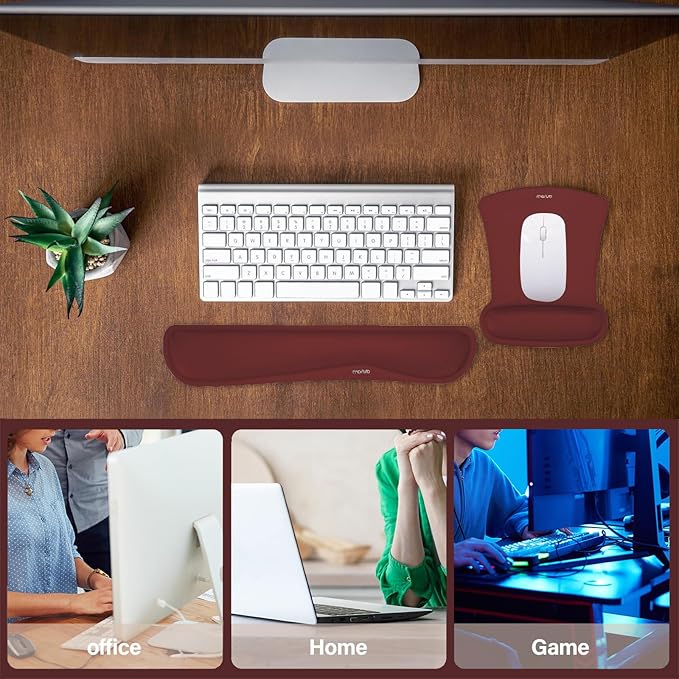 MOSISO Wrist Rest Support for Mouse Pad & Keyboard Set, Ergonomic Mousepad Non-Slip Base Home/Office Pain Relief & Easy Typing Cushion with Neoprene Cloth & Raised Memory Foam, Wine Red