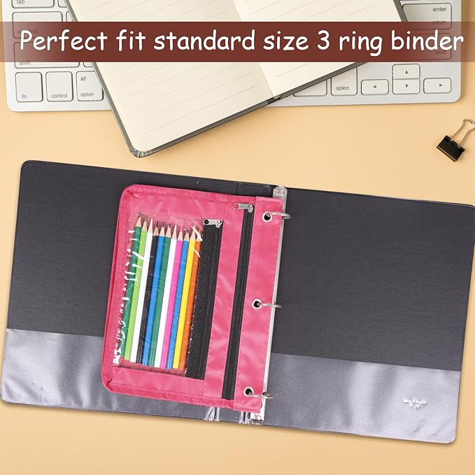 YoeeJob 1 Pack Pencil Pouch for 3 Ring Binder, Expandable Binder Pouches with Zipper, Large Capacity Pen Holder Case with Clear Window School Class Office Organizers, Rosy