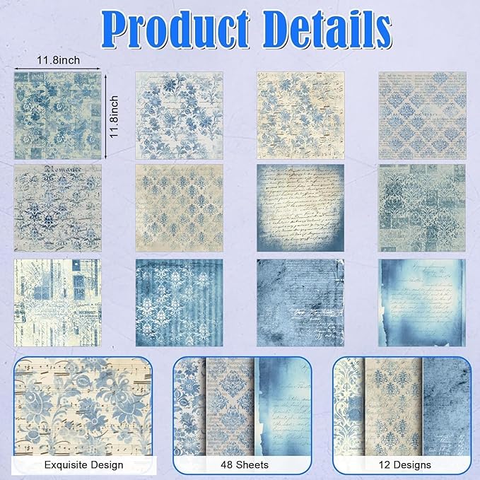 48 Sheets Vintage Blue Floral Scrapbook Paper, Retro Blue Pattern Decorative Scrapbook Paper for Junk Journals DIY Cards and Photo Albums,Aesthetic Craft Supplies for Kids and Adults