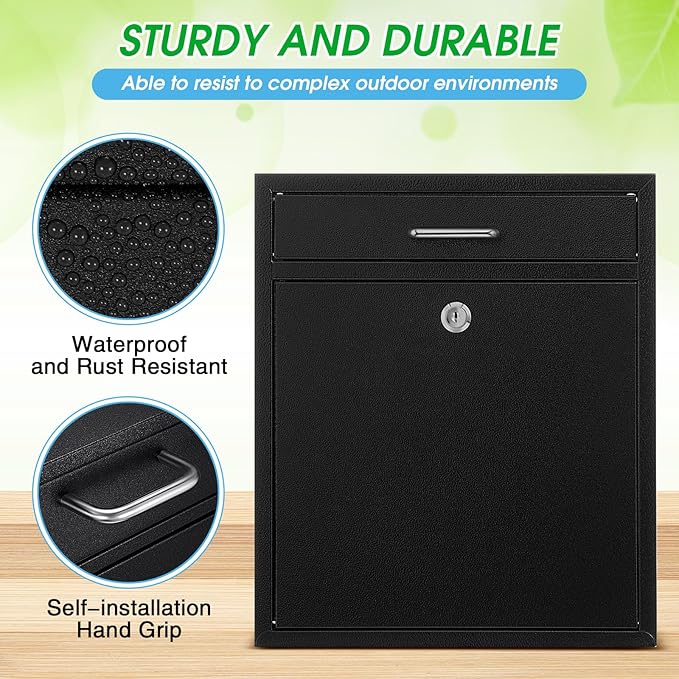 Locking Mailbox with Key for Outdoor 14 x 12 x 4 Inches Large Wall Mount Mail Box with Lock Security Mail Drop Metal Collection Boxes Hanging Secure Postbox (Black)