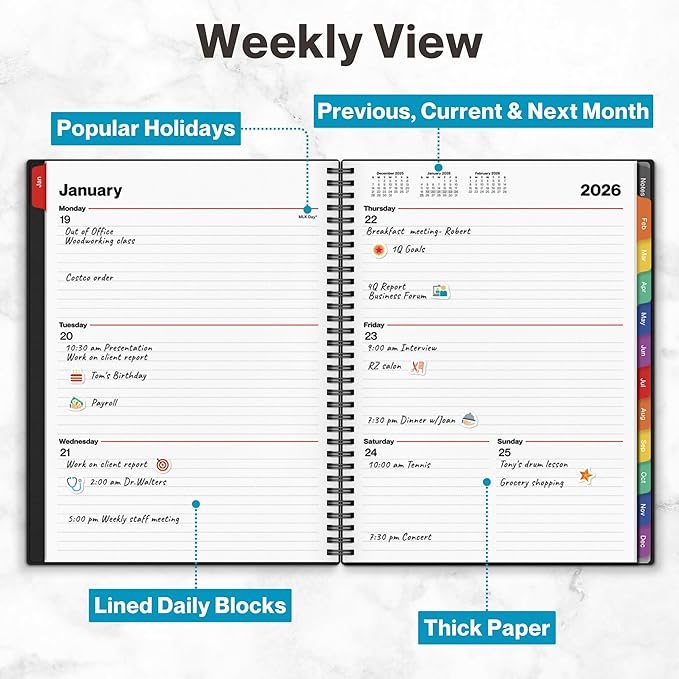 Dunwell Planner Book 2026, 8.5x11 Weekly Monthly Planner, Jan to Dec 2026, Large Calendar Book with Colorful Tabs, Bookmark, Free Stickers, Daily Calendar Planner Organizer