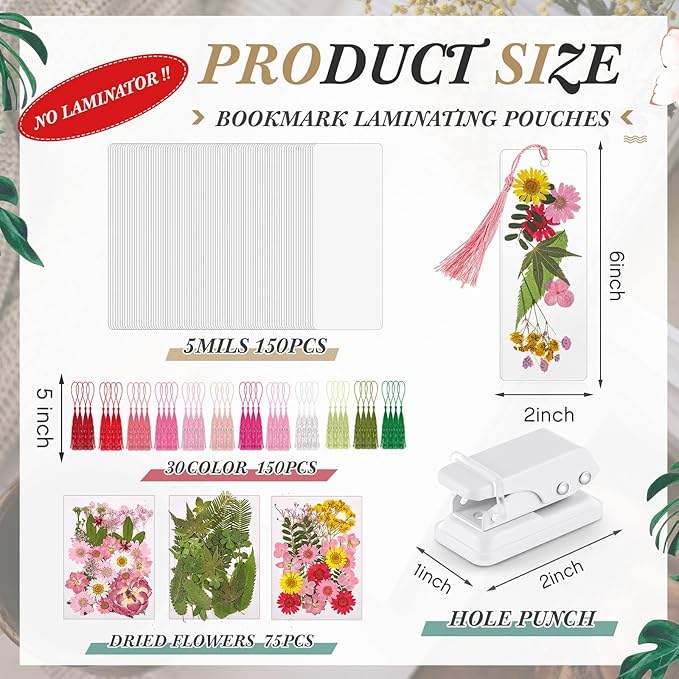 150 Pcs DIY Pressed Dried Flower Bookmark Making Kit, DIY Bookmark Bulk Thanksgiving Teacher Gifts for Reading Women Book Lovers(2 x 6 Inch,Pink)