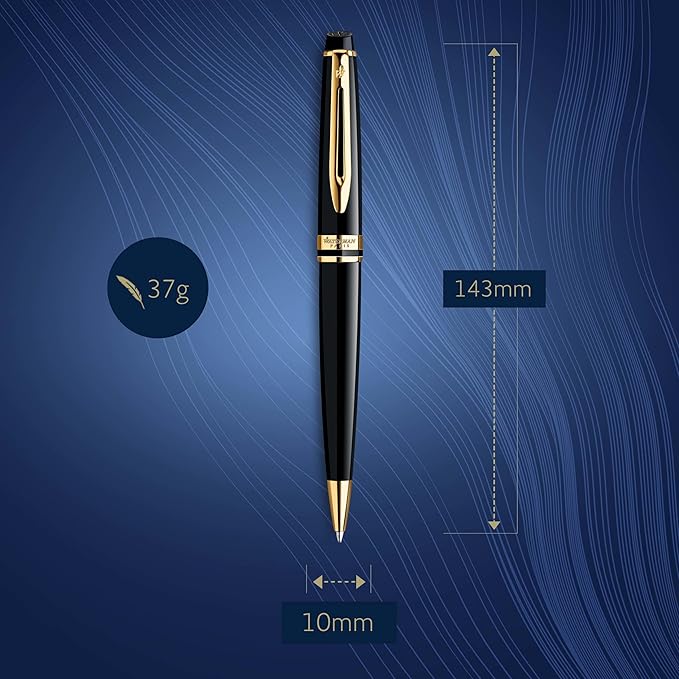 Waterman Expert Ballpoint Pen, Black with Golden Trim, Medium Tip, Blue Ink, Gift Box