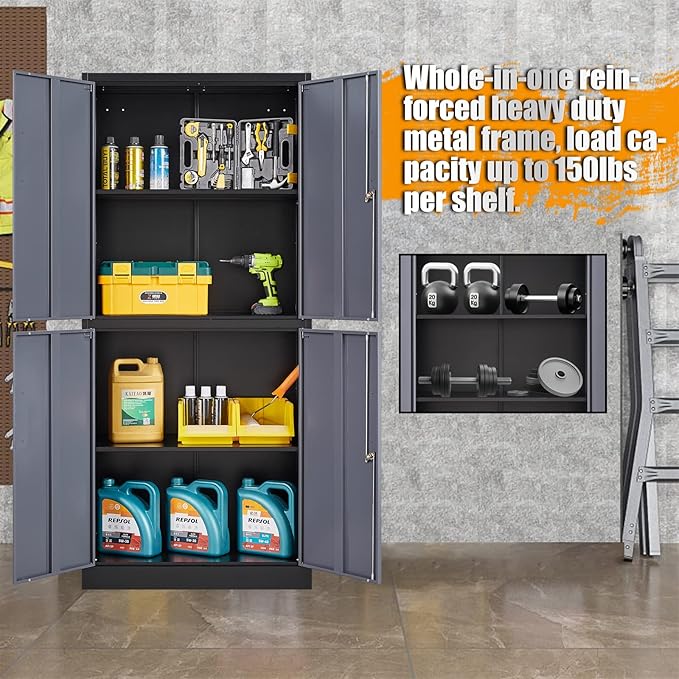 STANI Metal Storage Cabinet, Locking Steel Cabinet with 4 Doors and 2 Adjustable Shelves, 71'' Lockable File Tall for Home Office,Garage,School, Black&grey, (TSJ-BG)
