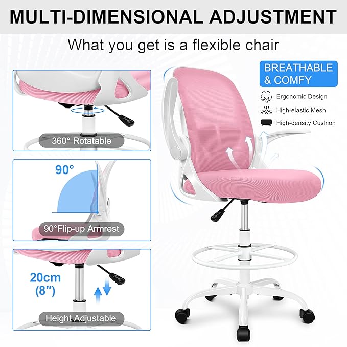 Primy Drafting Chair Tall Office Chair with Flip-up Armrests Executive Ergonomic Computer Standing Desk Chair with Lumbar Support and Adjustable Footrest Ring (Pink)