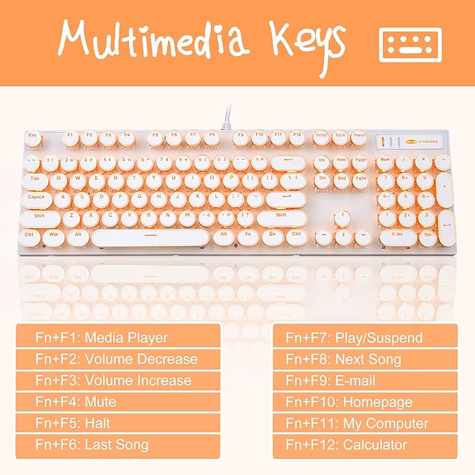 Typewriter Style Mechanical Keyboard, Retro Punk Gaming Keyboard with Gold LED Backlit, Cute Wired Keyboards,104 Keys Full Size Keyboards, Uique Round Keycaps for Windows/Mac/PC(White&Gold)