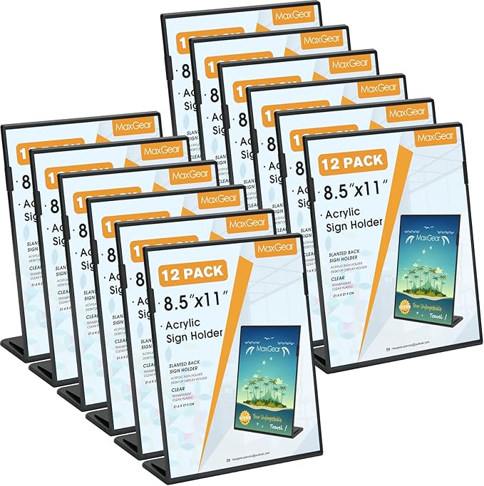 MaxGear Fall Resistant Acrylic Sign Holder 8.5 x 11 Inches 12 Pack, Slant Back Table Flyer Menu Display Stand, Heavy Duty Plastic Acrylic Sign Frame Paper Holder for Business, Store, Restaurant, Black