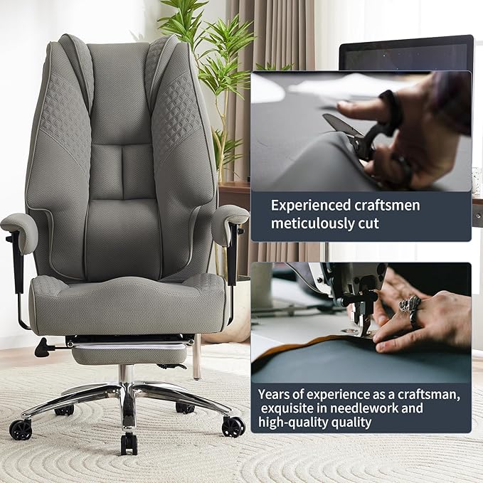 Big and Tall Office Chair 400lbs Wide Seat, Leather High Back Executive Office Chair with Foot Rest, Ergonomic Chairs Lumbar Support for Lower Back Pain Relief (Mesh Light Grey)