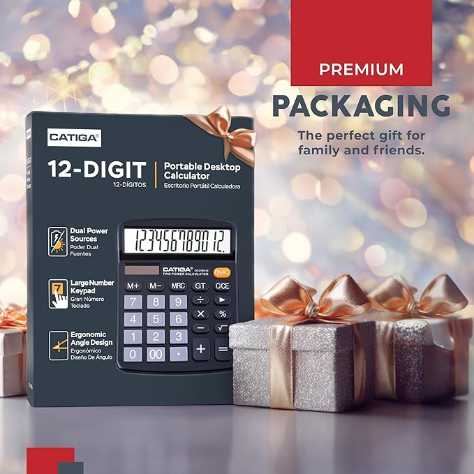 CATIGA 12 Digits Desktop Calculator with Large LCD Display and Sensitive Button, Dual Solar Power and Battery, Standard Function for Office, Home, School, CD-2786