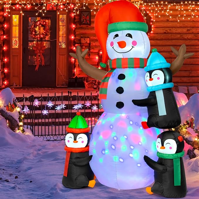 Christmas Inflatables Outdoor Decorations, Sizonjoy 6FT Snowman and Penguins Christmas Decorations with Rotating Colorful LED Lights Blow Up Yard Decorations for Lawn Garden Xmas Party