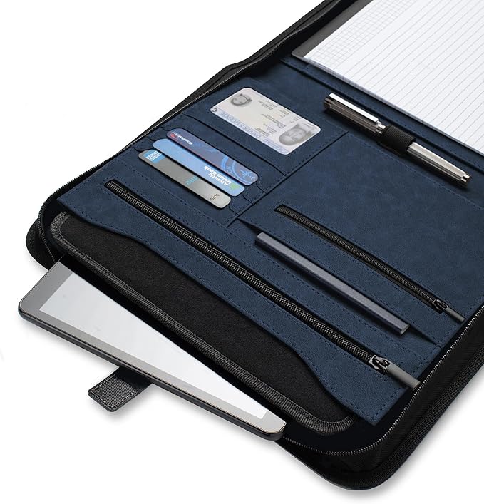 Forevermore Portfolios Padfolio Binder - Professional Faux Leather Travel Organizer Pouch for Tablet, Documents, Presentation Folders, Zipper Closure, Notepad - Blue