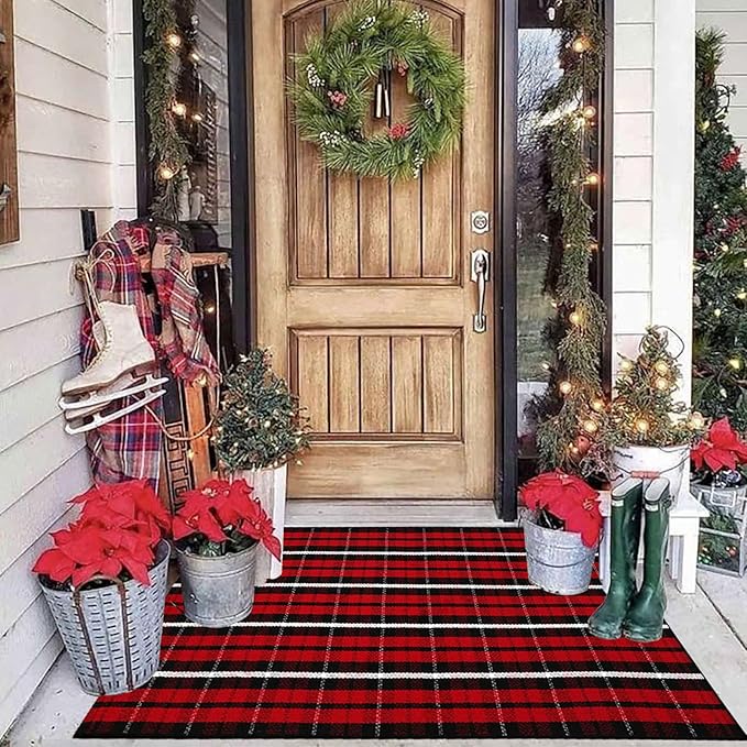 Christmas Plaid Outdoor Rug, 2'4" x 3'7" Red & Black Check Indoor/Outdoor Area Rug, Layering Rug for Hello/Welcome Door Mat, Machine Washable Cotton Woven Farmhouse Mat for Front Porch Décor