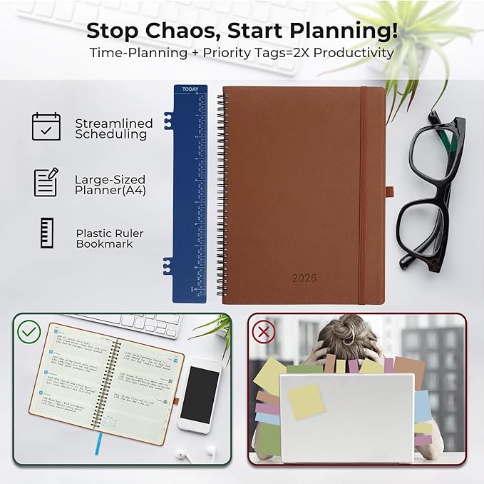 Planner 2026 Daily Weekly and Monthly,11.5"x8.5",12 Months Spiral Bound Calendar Agenda with Self-adhesive Pen Holder,2026 Appointment Book with Vegan Leather Soft Cover,Brown