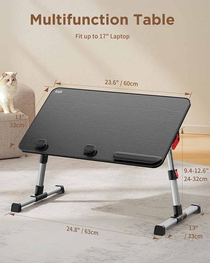 SAIJI Laptop Bed Tray Table, Adjustable Home Office Standing Desk Portable Lightweight Foldable Lap Desk for Sofa Couch Floor Working Studying Reading Writing Eating,Fit Up to 17" Laptop(Large，Black)