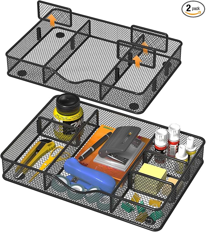 Desk Drawer Organizer Tray, Metal Mesh Drawer Organizer for Office & Home, 6 Adjustable Compartments, Black, 2 Pack - 12.87x8.73x1.96 inch