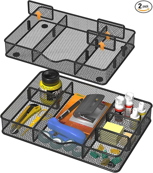Desk Drawer Organizer Tray, Metal Mesh Drawer Organizer for Office & Home, 6 Adjustable Compartments, Black, 2 Pack - 12.87x8.73x1.96 inch