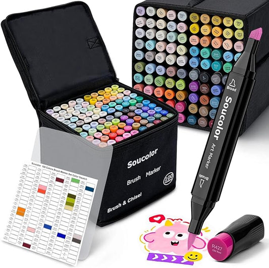 Soucolor Alcohol Markers Set, 100 Colors Dual Tip Brush Art Alcohol Markers, School Office Teacher Supplies for Kids and Adults Coloring Drawing Sketching Book Painting Card Making Illustration