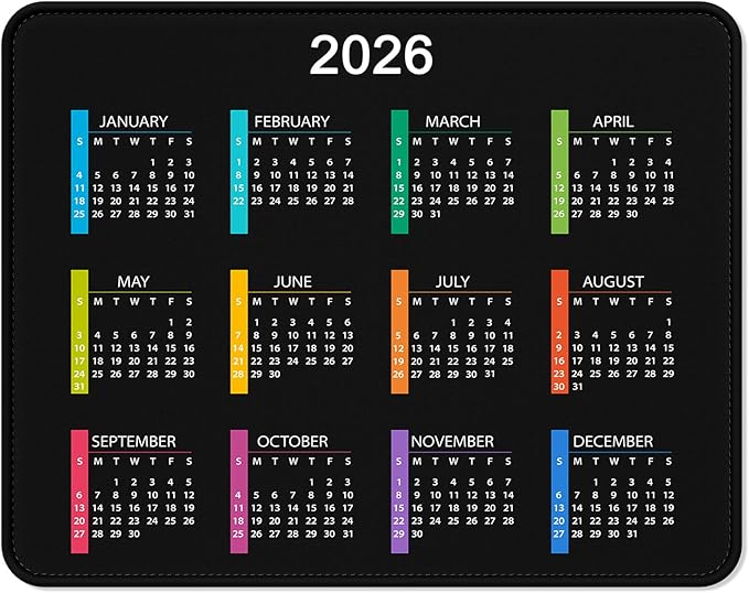 2026 Calendar Mouse Pad, Square New Year 2026 Mousepad 10.2 x 8.3 Inch, Stitched Edge Anti-Slip Waterproof Rubber Computer Mat for Office, Gaming, Laptop, New Year Office Supplies Gift, Black