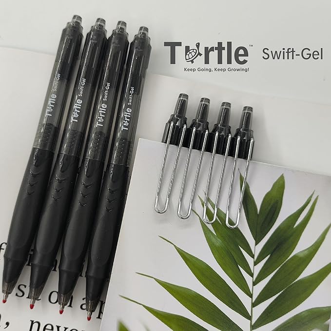 Turtle Swift Gel Pens – Retractable Gel Pens with Black Ink, 0.7mm Medium Point Ballpoint Pens for Writing, Journaling, Note-Taking – Quick-Drying, Smudge-Free – School & Office Supplies - 12-Pack