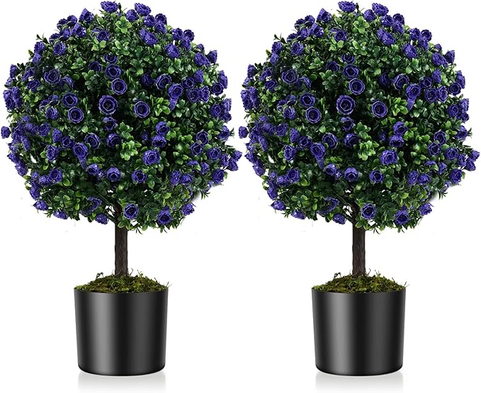 Goplus 22'' Artificial Purple Rose Topiary Ball Tree, Set of 2 Faux Potted Plants Artificial Shrubs Bushes with Flowers, Fake Evergreen Boxwood Topiary for Indoor Outdoor Home Front Porch Decor