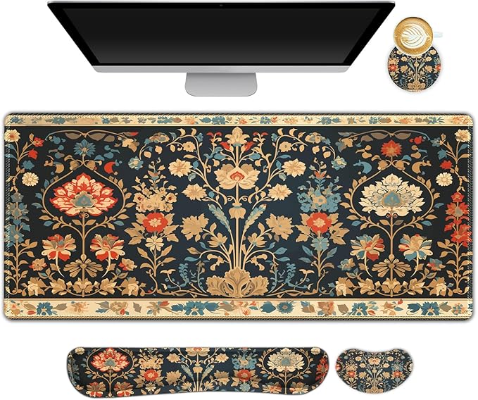 ARTSO Desk Mat Set, Mouse Pad with Wrist Rest Support + Keyboard Wrist Rest + Large Mouse Pad + Coaster, Extended Gaming Mousepad Combo, Retro Flower Plant