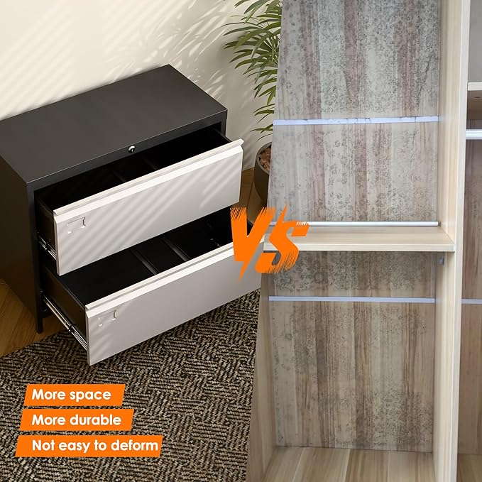 Metal Lateral File Cabinet with 2 Drawers, Wide Lateral Filing Cabinet with Lock for Hanging Files Letter/Legal/F4/A4 Size for Home Office School, Black and Grey, Assembly Required
