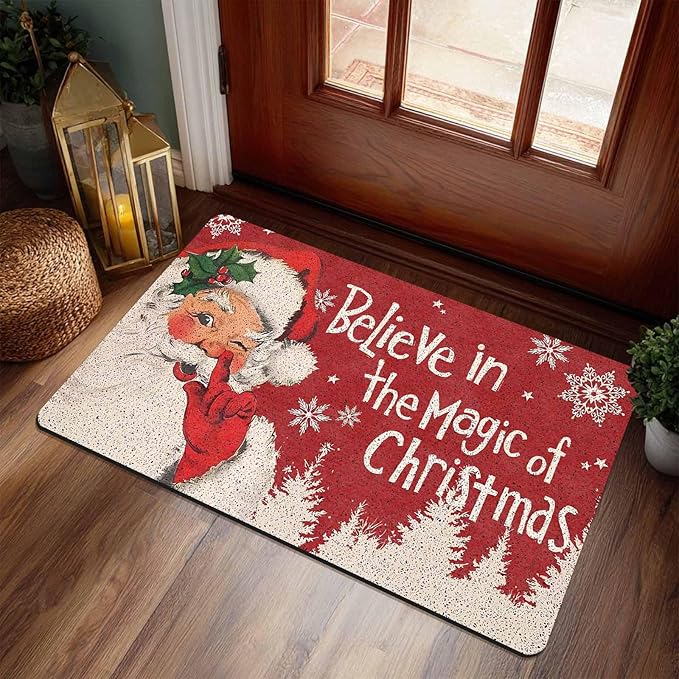 InterestPrint Merry Christmas Doormat Red Christmas Santa Claus Decorative Doormat Indoor Outdoor Entrance Xmas Winter Welcome Door Mat Anti-Slip Rubber for Seasonal Holiday Decortion, 18" x 30"Inch