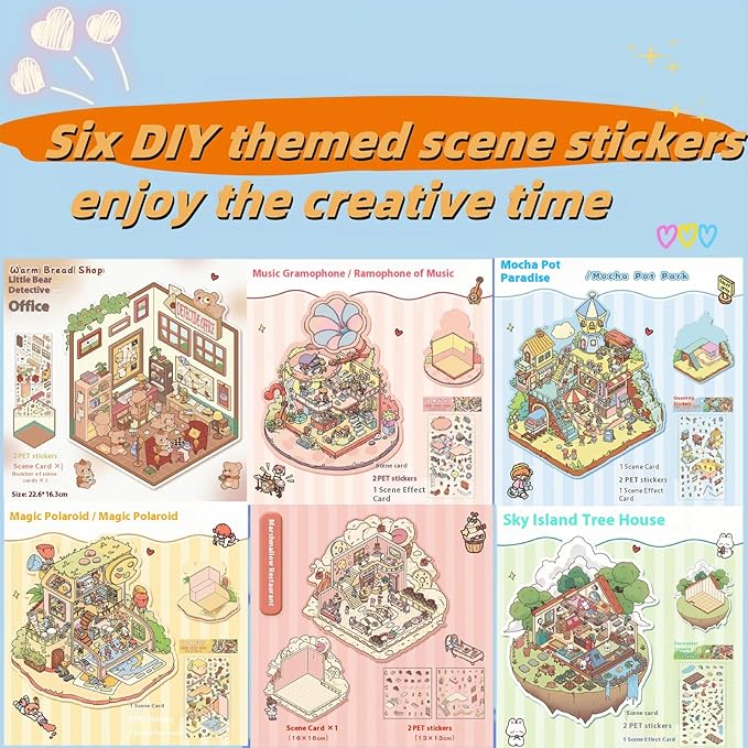 selgratwin DIY 3D Sticker Scenes for Adults Kids Reusable Cute Scene Stickers with Tweezer and Gem Stickers DIY Fun Mini Shops,playgrounds,Dream Houses Sticker Therapy Relief Stress ﻿Pass The time