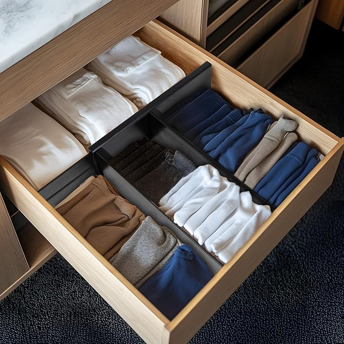 Utoplike Bamboo Dresser Drawer Dividers, 4'' High Adjustable Drawer Organizers for Clothing, Spring Loaded, Works in Kitchen, Bathroom, Bedroom, Drawer, Desk, 4 PCS, Black