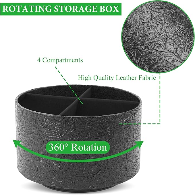 lizimandu Round Leather Art Supply Organizer,Remote Control Holder,360 Degree Spinning,Multi-Functional Pencil Holder,4 Compartments Desktop Stationary Organizer(1-Black2)