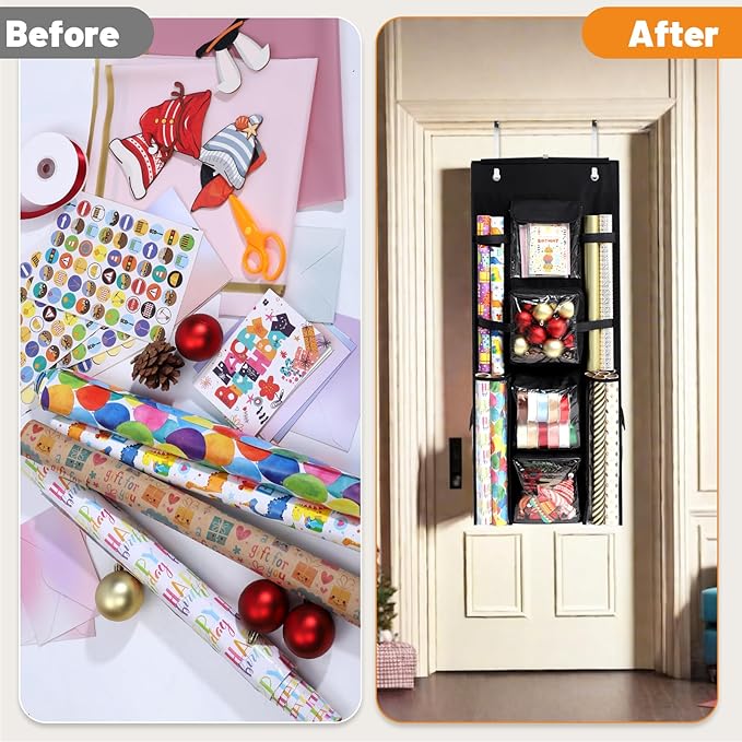 Hanging Gift Wrapping Paper Storage, 40x16 inch Double-Sided Gift Wrap Organizer Christmas Wrapper Paper Container, Craft Roll Organizer Behind The Door Storage Heavy Duty Oxford Gift Bag Holder