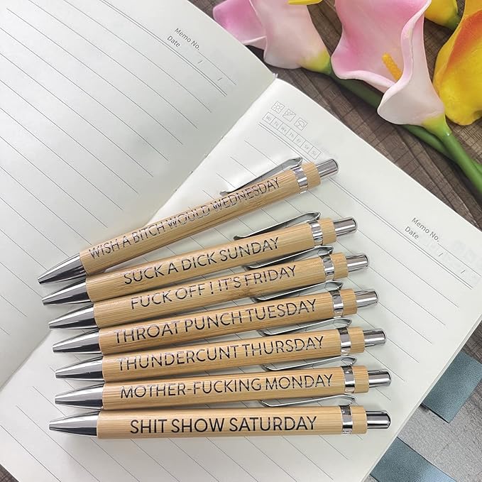 7-Piece Funny Bamboo Pen Set for Sarcastic Souls, Unique Days of The Week Mood Ballpoint Pens with Engraved Humorous Quotes, Excellent Gift for Office, Friends, and Coworkers