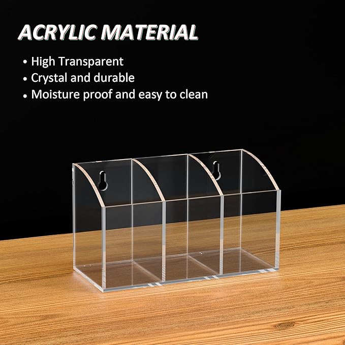 Acrylic Pen Holder Box 3 Compartments, Clear Pencil Storage Organizer for Desk or Wall, Acrylic Organizer Holder for Pens, Office Desk Accessories, Makeup Brush