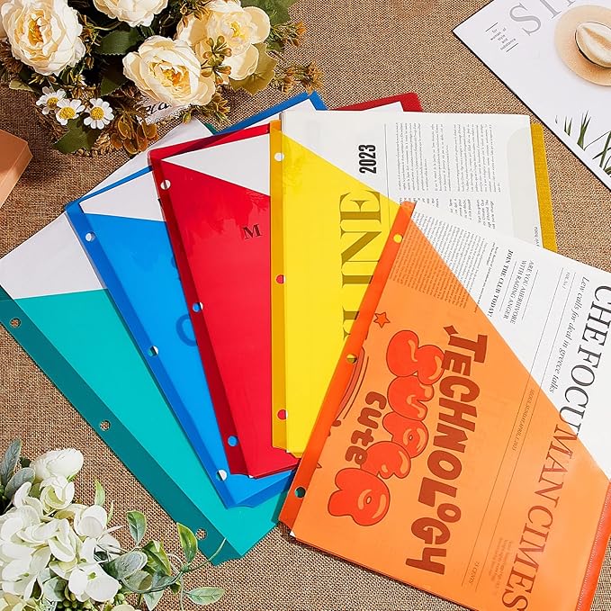 Maitys 50 Pack Binder Pockets 3 Hole Punch Clear Plastic Document Folders Binder Organizer Store Letter Size 8.5x11 Inch Paper Folders with Pockets Slash File Jacket for Office (Bright Colors)