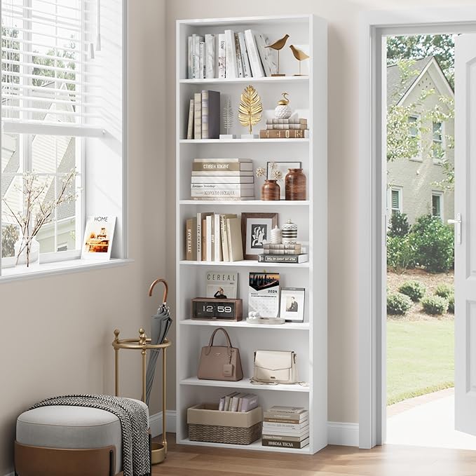 FACBOTALL 82" Tall Bookshelf, 7-Tier Open Shelves Bookcase, Freestanding Display Storage Shelves, Tall Bookcase Home Decor Furniture for Home Office, Living Room, Bedroom, White