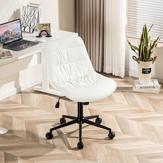 Kidol & Shellder Faux Leather Office Chair, Adjustable Swivel Height Task Chair, Rolling Wheels & Soft Backrest - Armless Ergonomic Desk Chair for Home, Office,Vanity,Gaming（White）