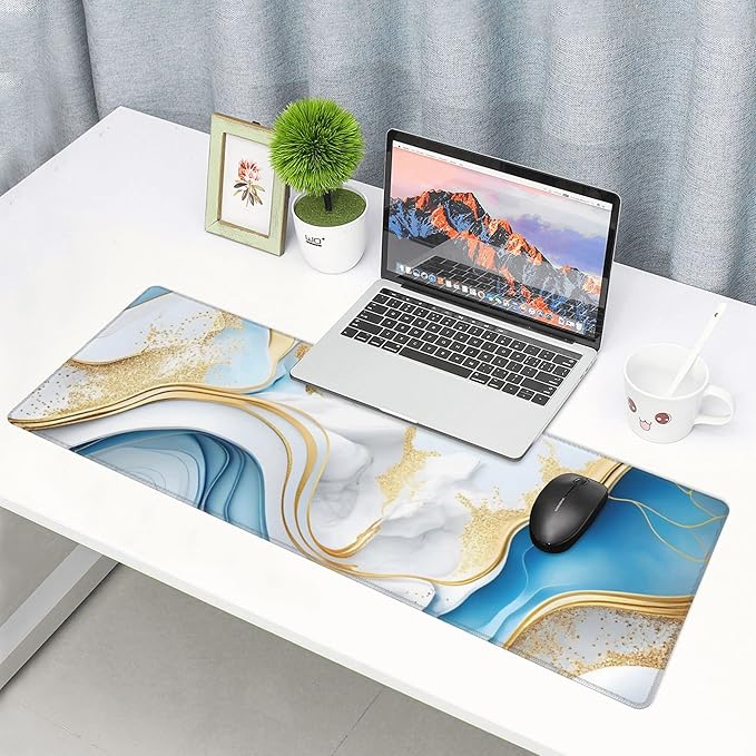 Swirl of Blue Gold Marble Extended Big Mouse Pad Large,XL Gaming Mouse Pad Desk Pad,31.5x11.8inch Long Computer Keyboard Mouse Mat Mousepad with 3mm Non-Slip Base for Home Office Work