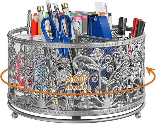 EKNITEY Pencil Pen Holder For Desk - Rotating Pencil Cup Organizer Cute Desktop Caddy with 4 Slots for Art Supplies School Home