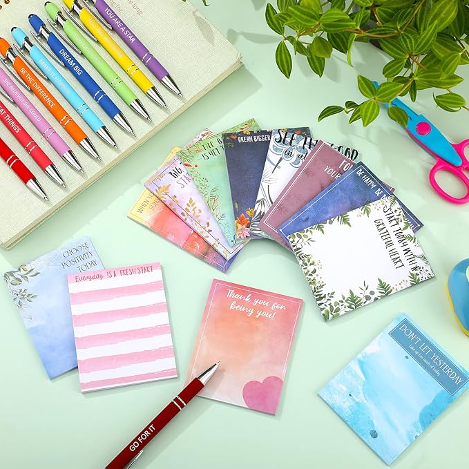 Geyee 24 Pcs Inspiration Sticky Notes with Funny Pens Fun Notepads for Adults Coworkers Nurse 3 x 4 Inch to Do List Notepads with Sayings Pen for Lab Week Gifts Teacher Office Supplies