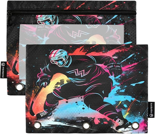 Hockey Player Pencil Pouch for 3 Ring Binder, 2 Pack Waterproof Pencil Bags Clear Window Zipper School Office Supplies