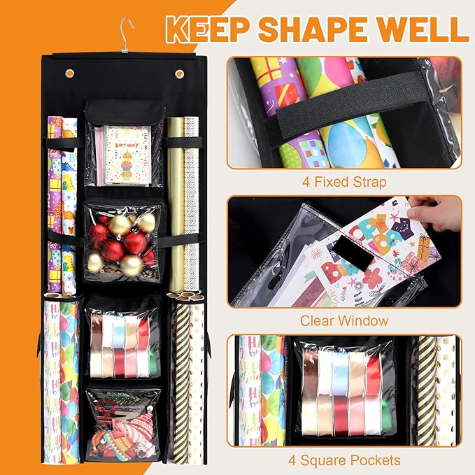 Hanging Gift Wrapping Paper Storage, 40x16 inch Double-Sided Gift Wrap Organizer Christmas Wrapper Paper Container, Craft Roll Organizer Behind The Door Storage Heavy Duty Oxford Gift Bag Holder